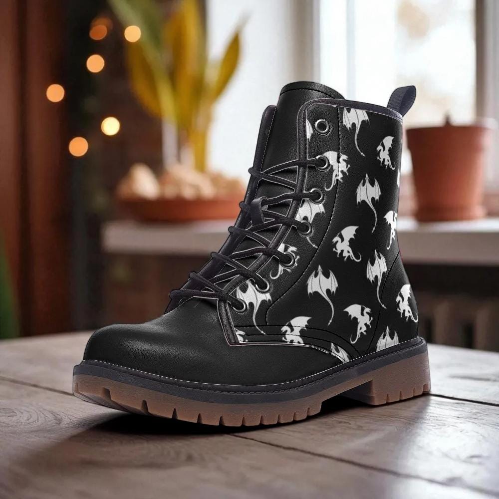 White dragon combat boots, fantasy lace up shoes, festival cosplay