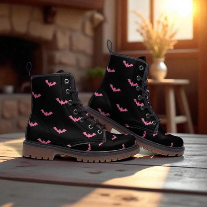 Pink bat combat boots, spooky lace up festival shoes, witchy vibe