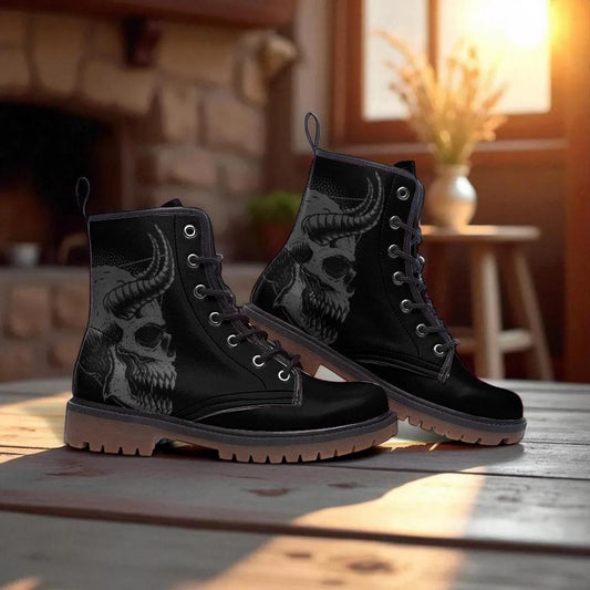 Gothic Skull Vegan Leather Combat Boots - Unisex Goth Lace-Up Ankle Boots