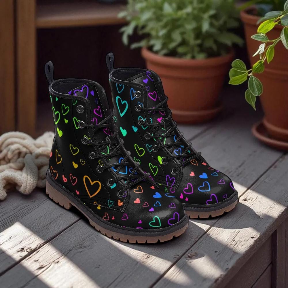 Rainbow heart combat boots, pride lace up rave shoes, pastel vibe