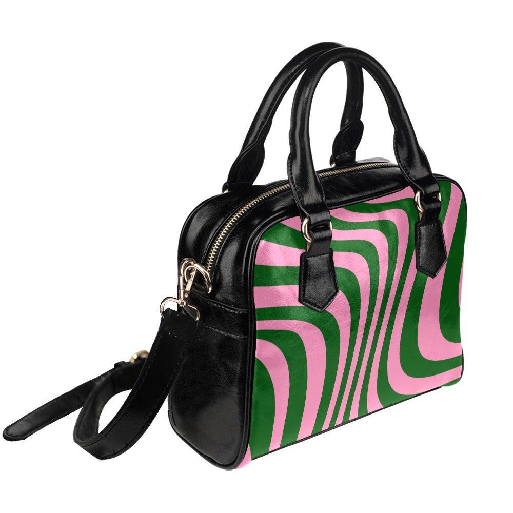 Groovy Wave Satchel, Pink Green Retro Purse, Mod Striped Crossbody Bag