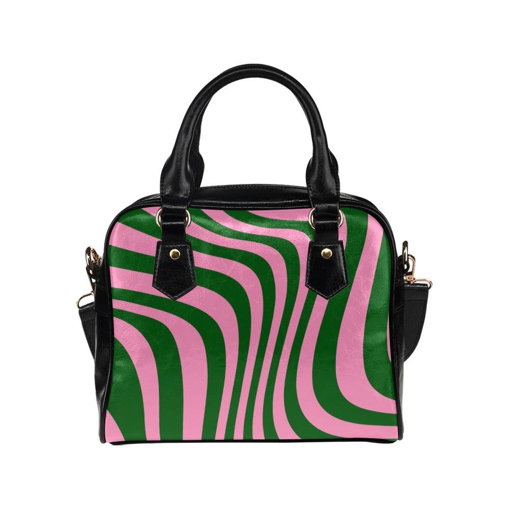 Groovy Wave Satchel, Pink Green Retro Purse, Mod Striped Crossbody Bag