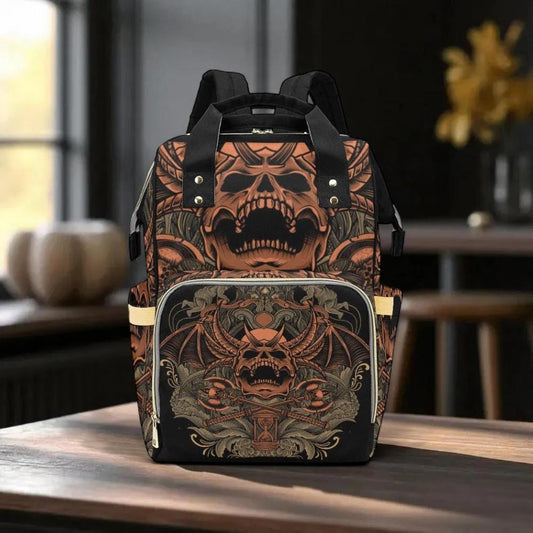 Demon Skull Occult Backpack with Gothic Bone Print, Travel Bag for Everyday, Festival Use