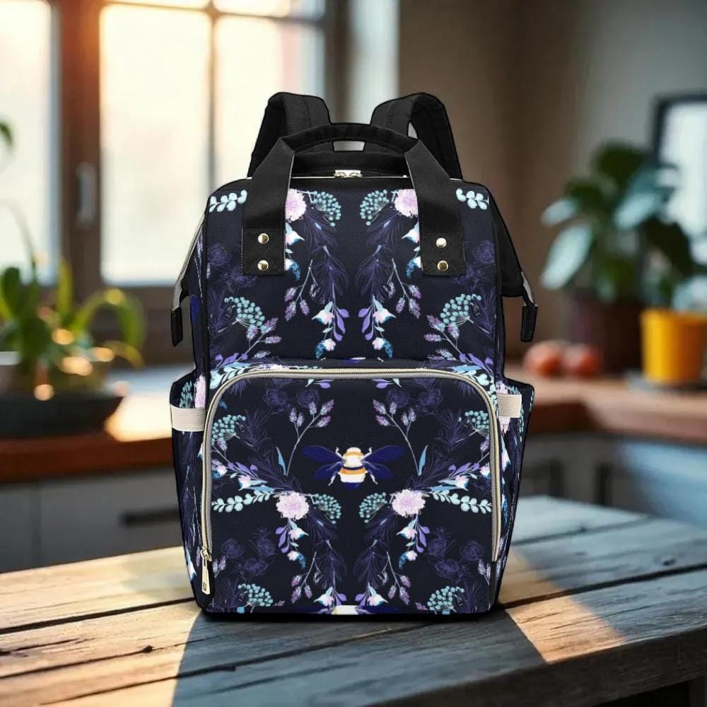 Bee Floral Backpack, Witchy Diaper Bag with Honeybee and Garden Flowers Print, Cottagecore Nature Inspired Travel Backpack for Everyday Use