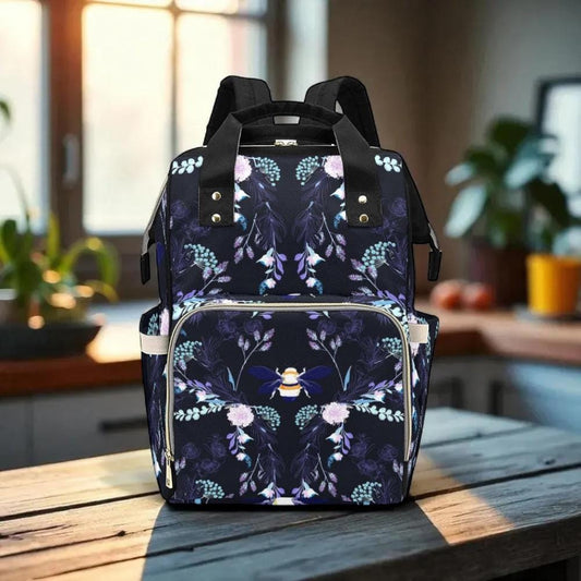 Bee Floral Backpack, Witchy Diaper Bag with Honeybee and Garden Flowers Print, Cottagecore Nature Inspired Travel Backpack for Everyday Use