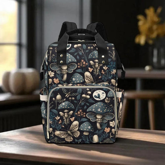 Dark Mushroom Witch Backpack, Cottagecore Diaper Bag with Fungi Print, Everyday Travel Bookbag