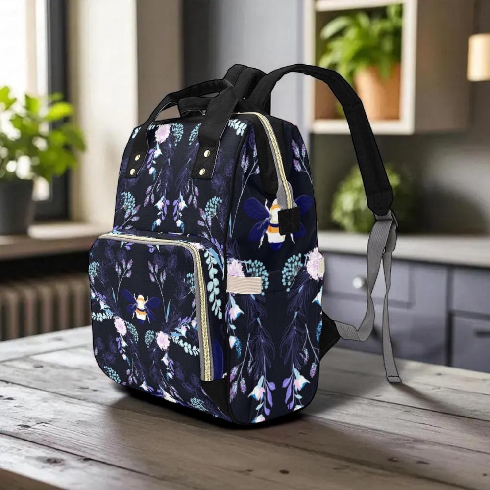 Bee Floral Backpack, Witchy Diaper Bag with Honeybee and Garden Flowers Print, Cottagecore Nature Inspired Travel Backpack for Everyday Use