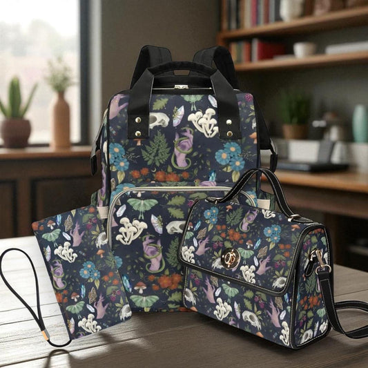 Woodland Mushroom Print Diaper Bag Backpack, Nursery Purse, Vegan Leather Wallet