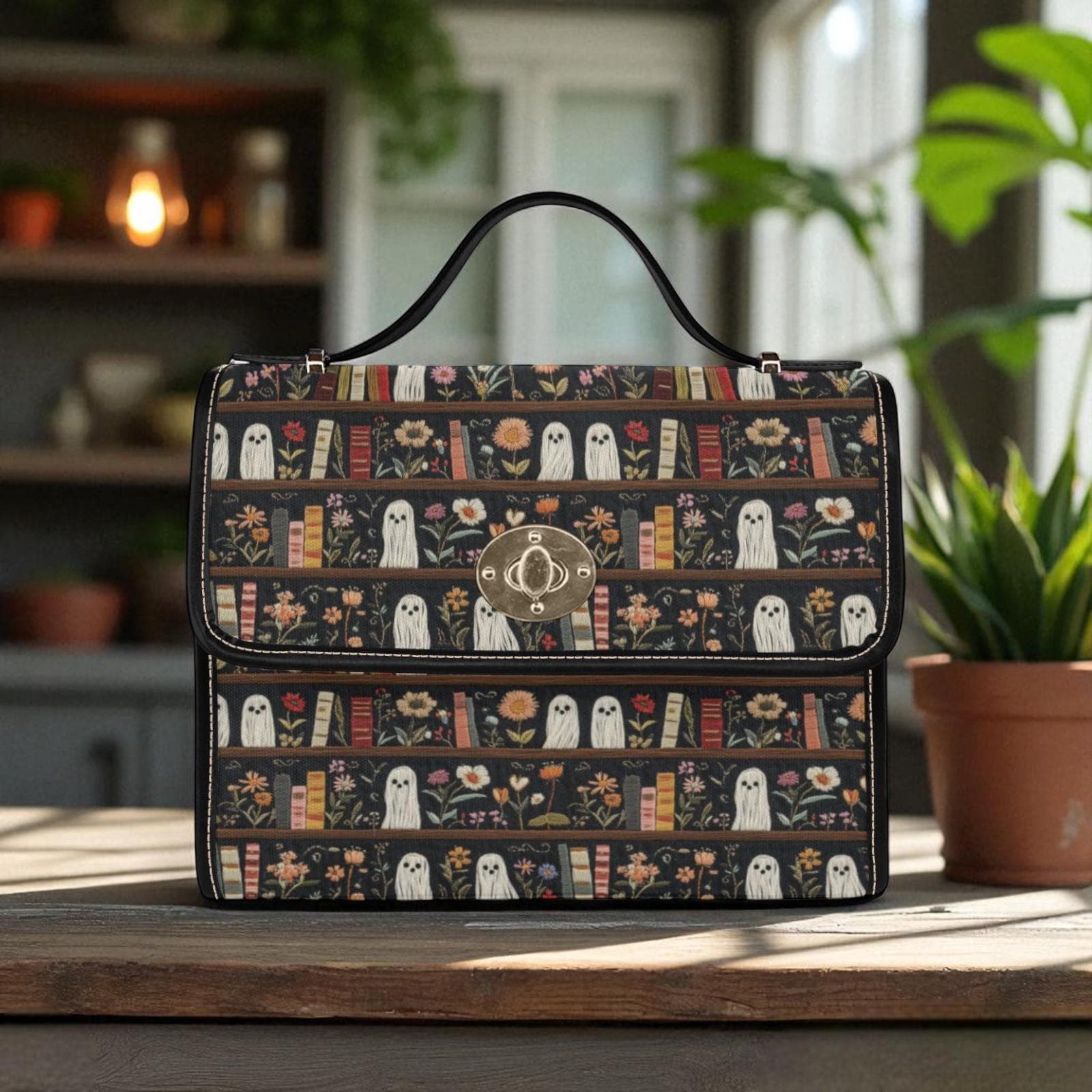 Ghost Library Print Purse, Witchcore Book Bag with Ghosts, Dark Academia Shoulder Bag, Halloween Satchel for Spooky Girls, Goth Gift Idea