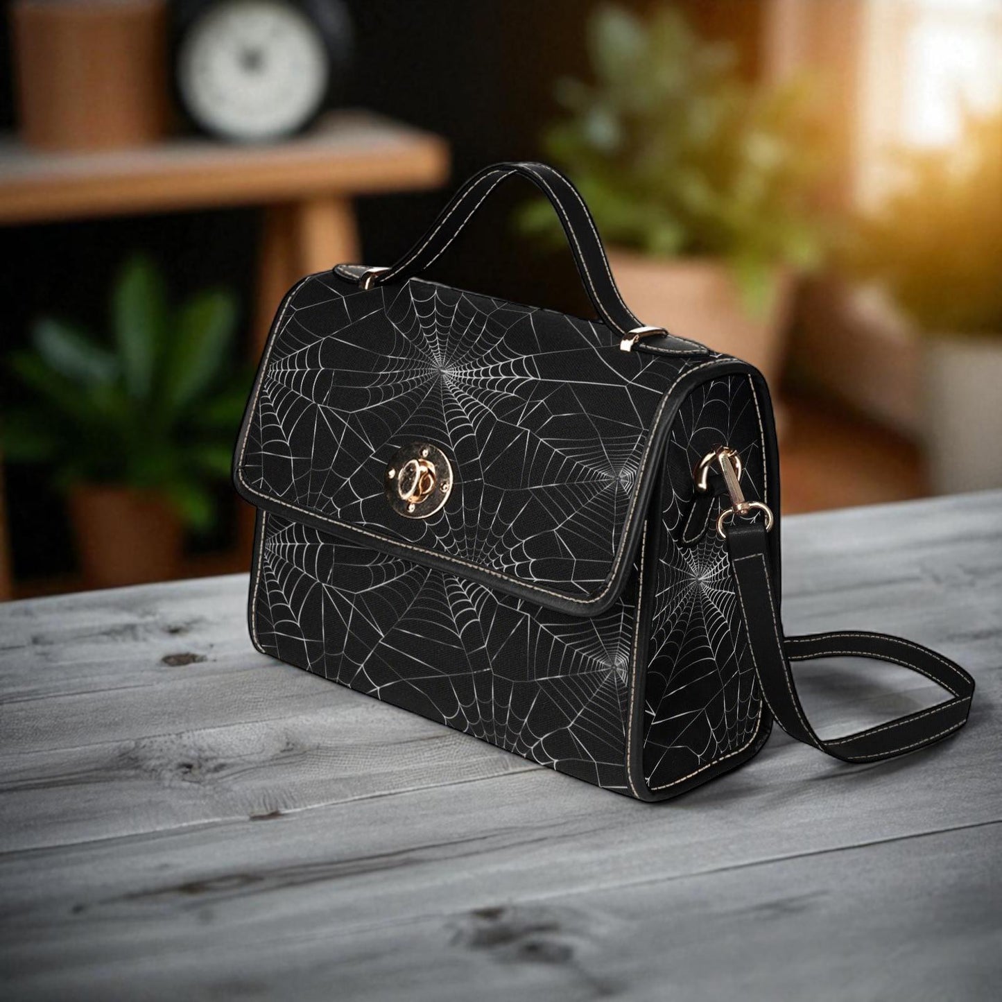 Spiderweb Gothic Purse, Canvas Satchel bag, Vegan Goth Bag, Halloween Costume Adult Cosplay, Cute Black Witch women cross body purse
