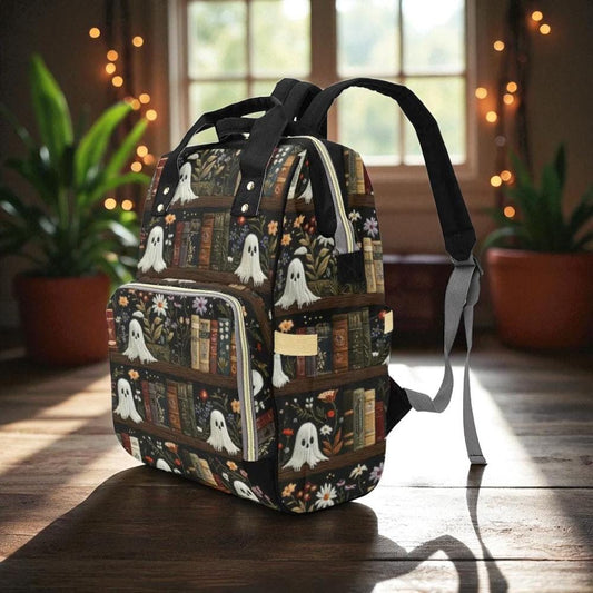Ghost Book Backpack, Spooky Floral Diaper Bag for Goth Moms, Witchy Baby Travel Backpack, Cute Bookworm Bag, Halloween Gift for Her