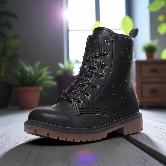 Gold Stars and Moon Vegan Leather Combat Boots, Witchcore Clubwear