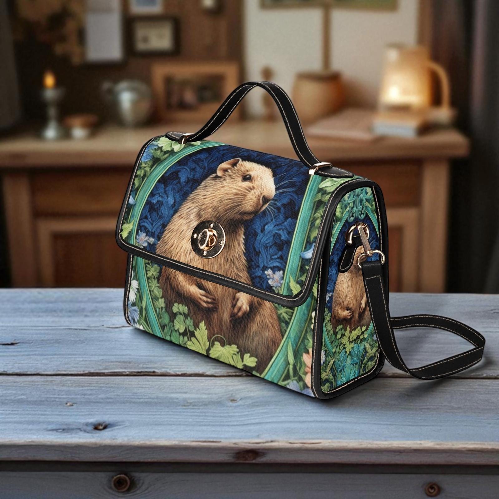 Capybara Satchel Purse, Botanical Animal Handbag, Cottagecore Top Handle Bag