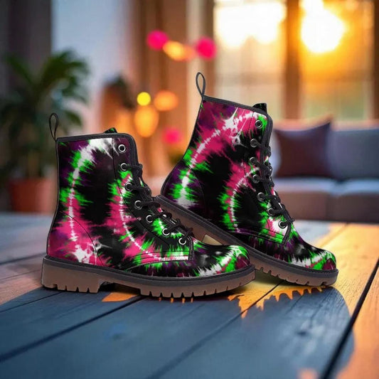 Tie Dye Combat Boots, Psychedelic Grunge Lace Up Shoes, Neon Rave Festival Footwear