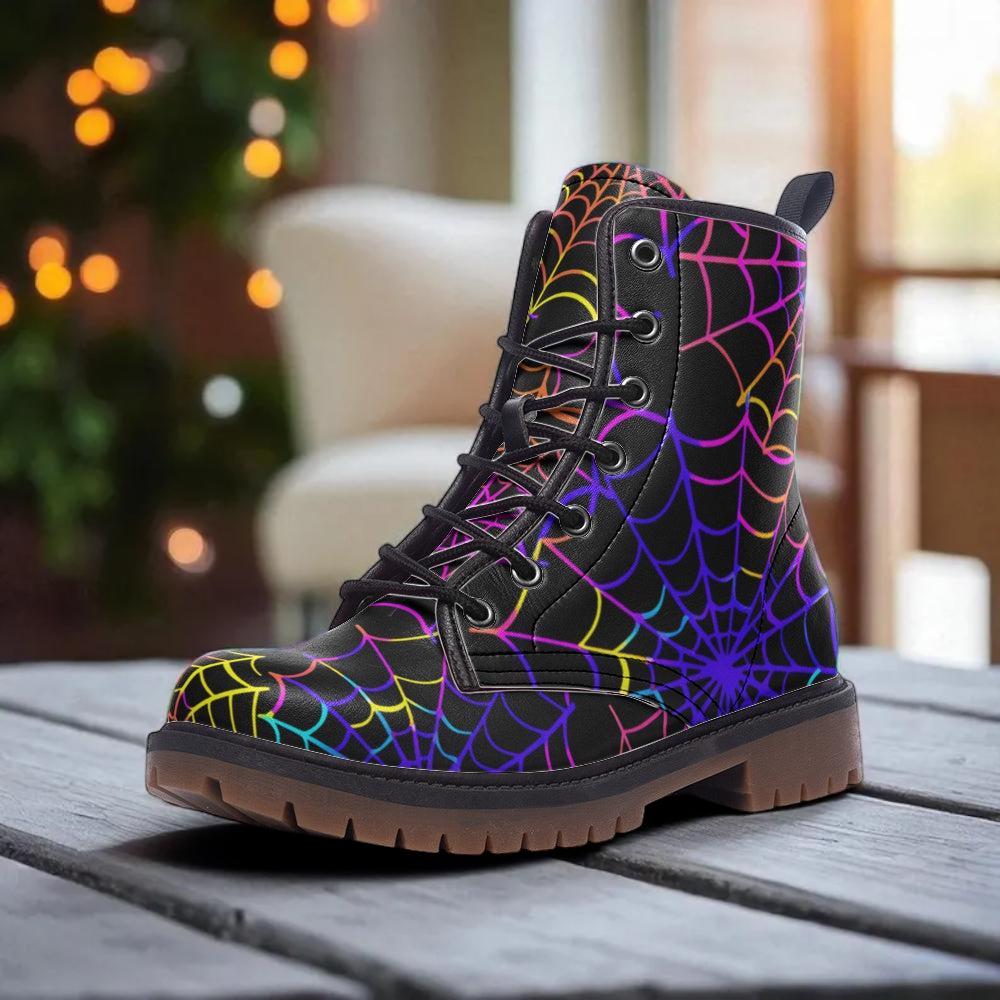 Spiderweb Combat Boots, Neon Halloween Lace Up Boots, Colorful Goth Festival Shoes