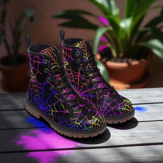 Spiderweb Combat Boots, Neon Halloween Lace Up Boots, Colorful Goth Festival Shoes