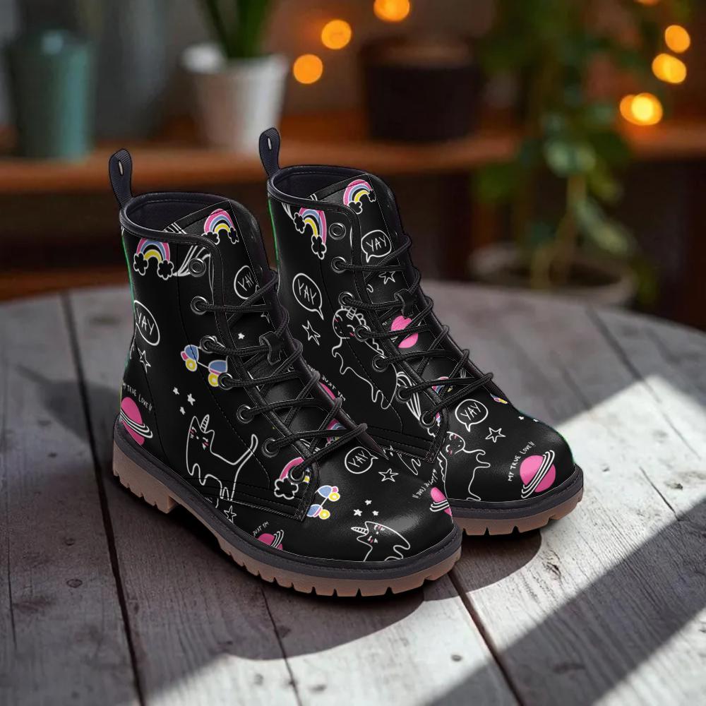 Cat Print Combat Boots, Whimsical Space Doodle Lace Ups, Cute Black Alt Boots
