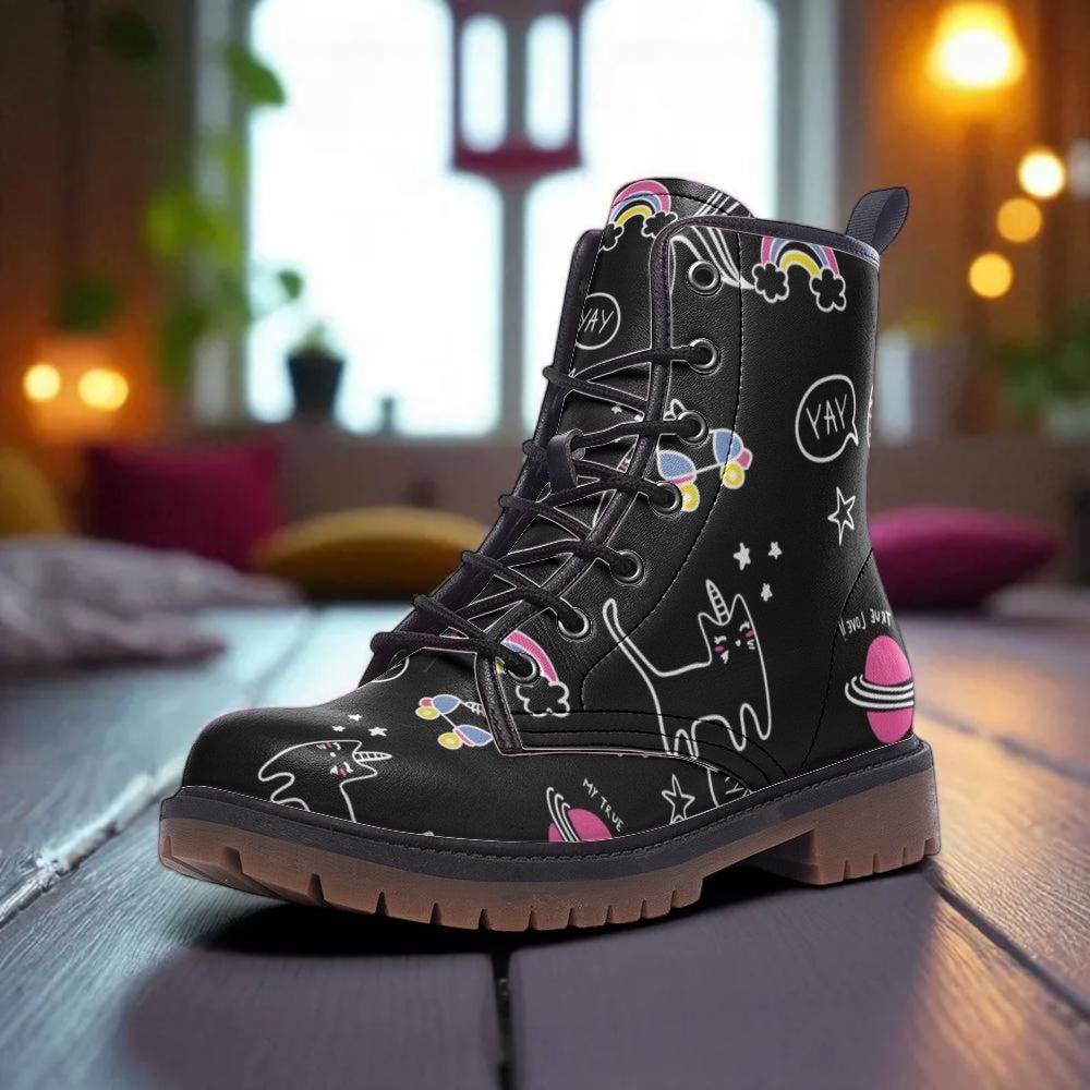 Cat Print Combat Boots, Whimsical Space Doodle Lace Ups, Cute Black Alt Boots