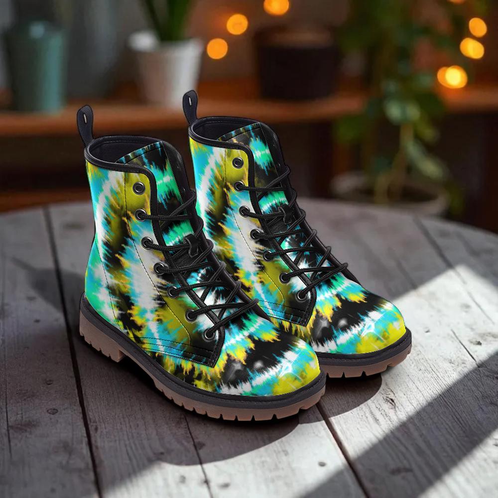 Psychedelic Ankle Boots, Green Aqua Spiral Lace Up Shoes for Retro Streetwear