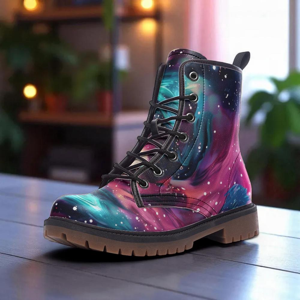 Galaxy Combat Boots, Nebula Lace Up Ankle Boots, Cosmic Space Grunge Festival Shoes
