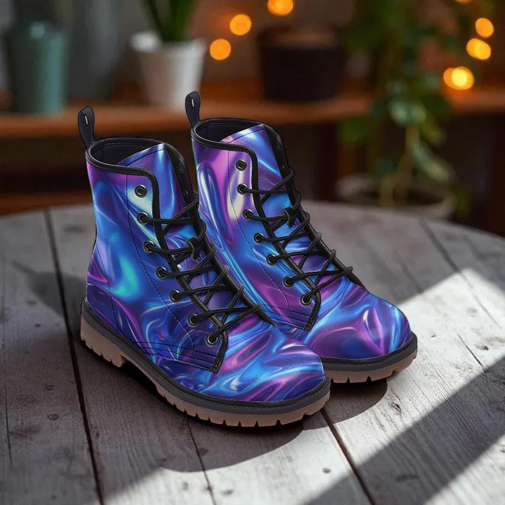 Holographic Combat Boots in Blue Purple Iridescent Finish for Rave Festival Outfits