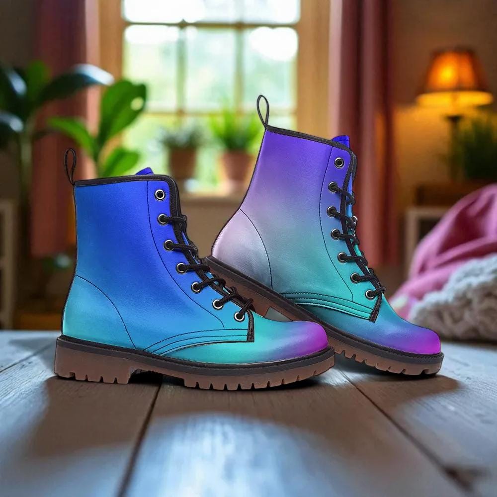 Pastel Goth Boots, Mermaid Ombre Lace Up Ankle Shoes, Kawaii Alt Fashion Footwear