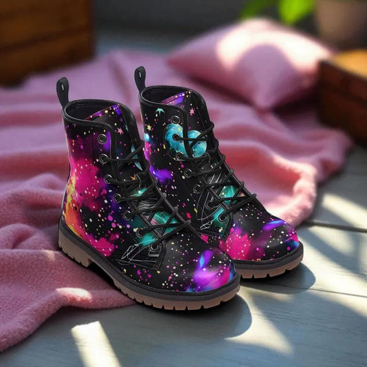 Galaxy Combat Boots, Neon Space Lace Up Shoes, Cosmic Grunge Festival Footwear