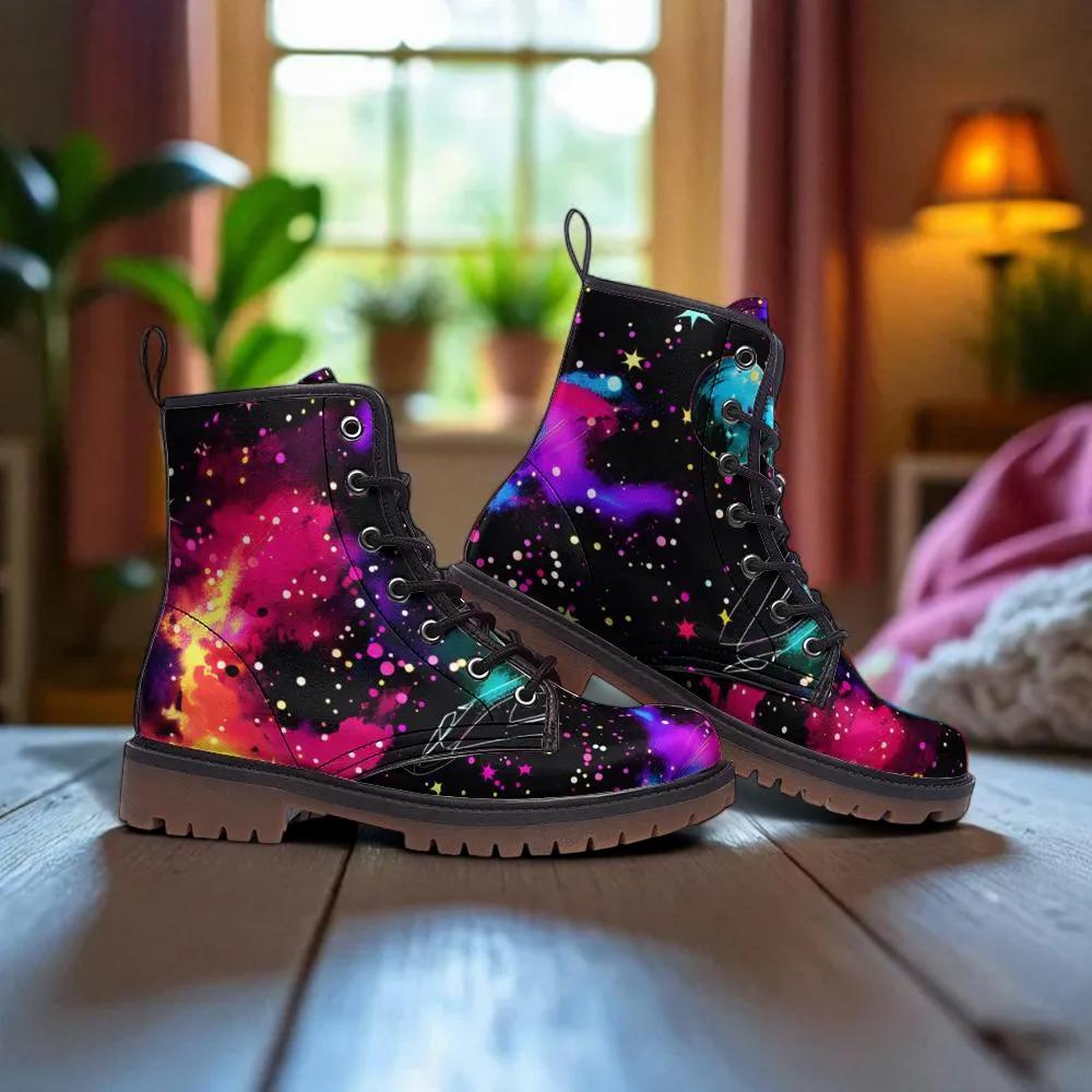 Galaxy Combat Boots, Neon Space Lace Up Shoes, Cosmic Grunge Festival Footwear
