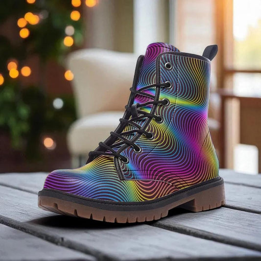 Psychedelic Combat Boots, Rainbow Wave Lace Up Shoes, Trippy Streetwear Footwear