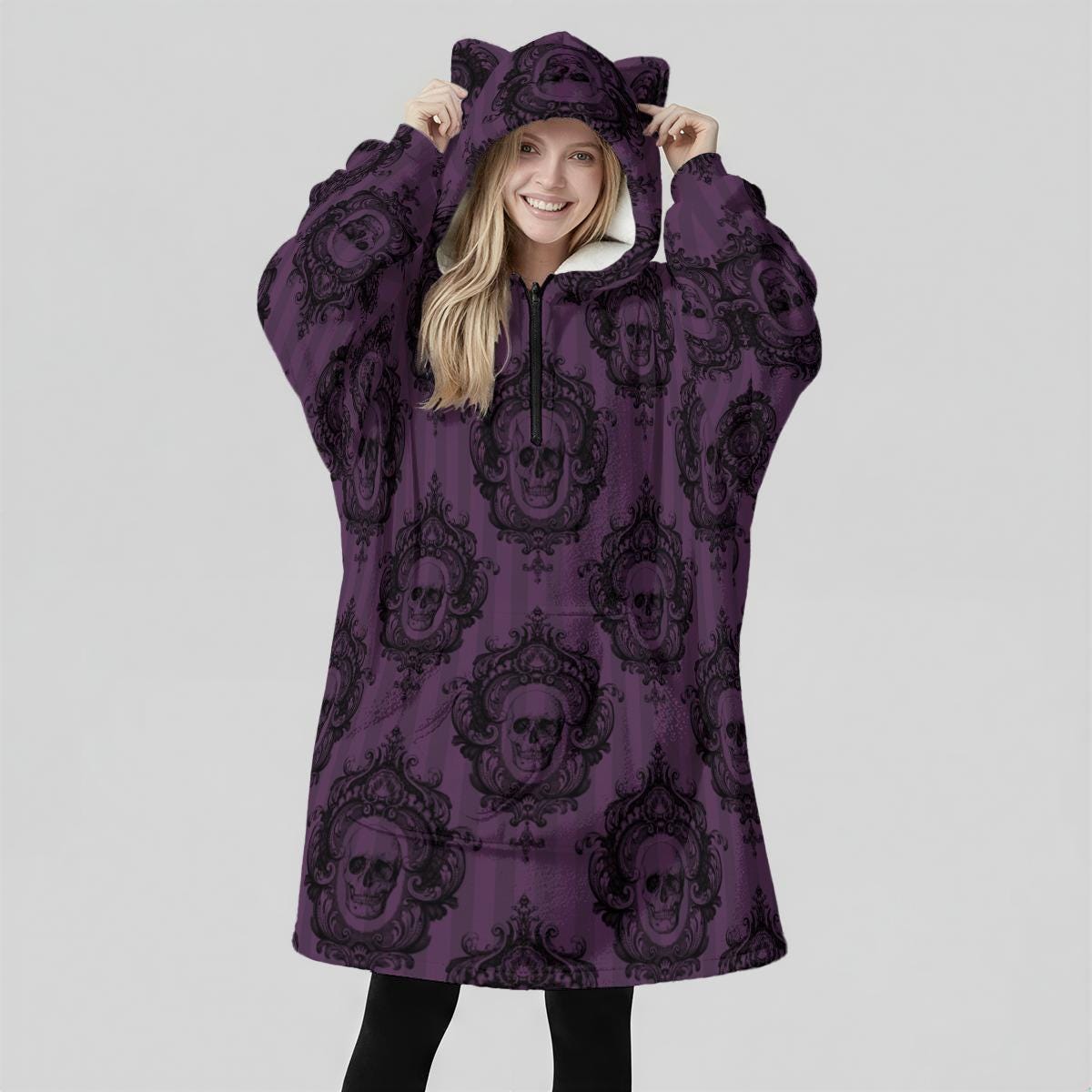 Victorian Gothic Damask Fleece Hoodie Blanket, Purple Skull Cat Ear Hood