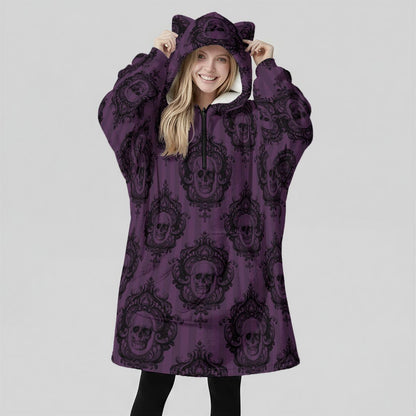 Purple Gothic Damask Hooded Blanket, Oversized Fleece Hoodie with Cat Ears, Spooky Lounge Wear