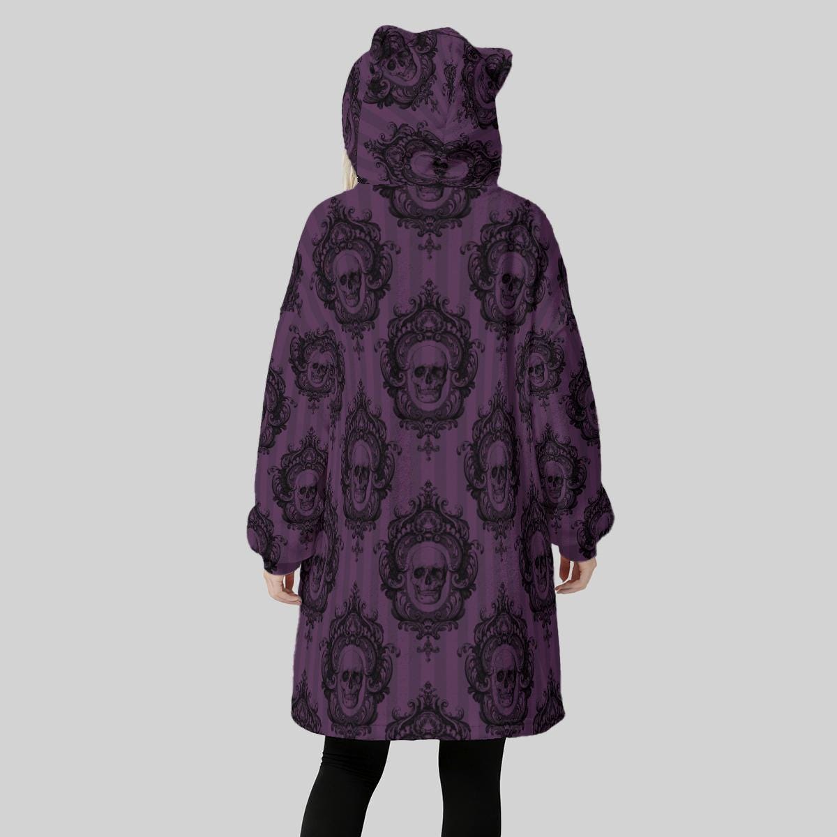 Victorian Gothic Damask Fleece Hoodie Blanket, Purple Skull Cat Ear Hood