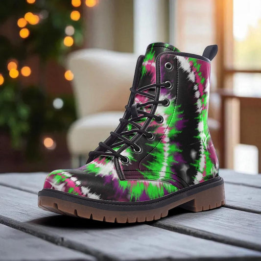Tie Dye Combat Boots, Psychedelic Grunge Lace Up Shoes, Neon Rave Festival Footwear