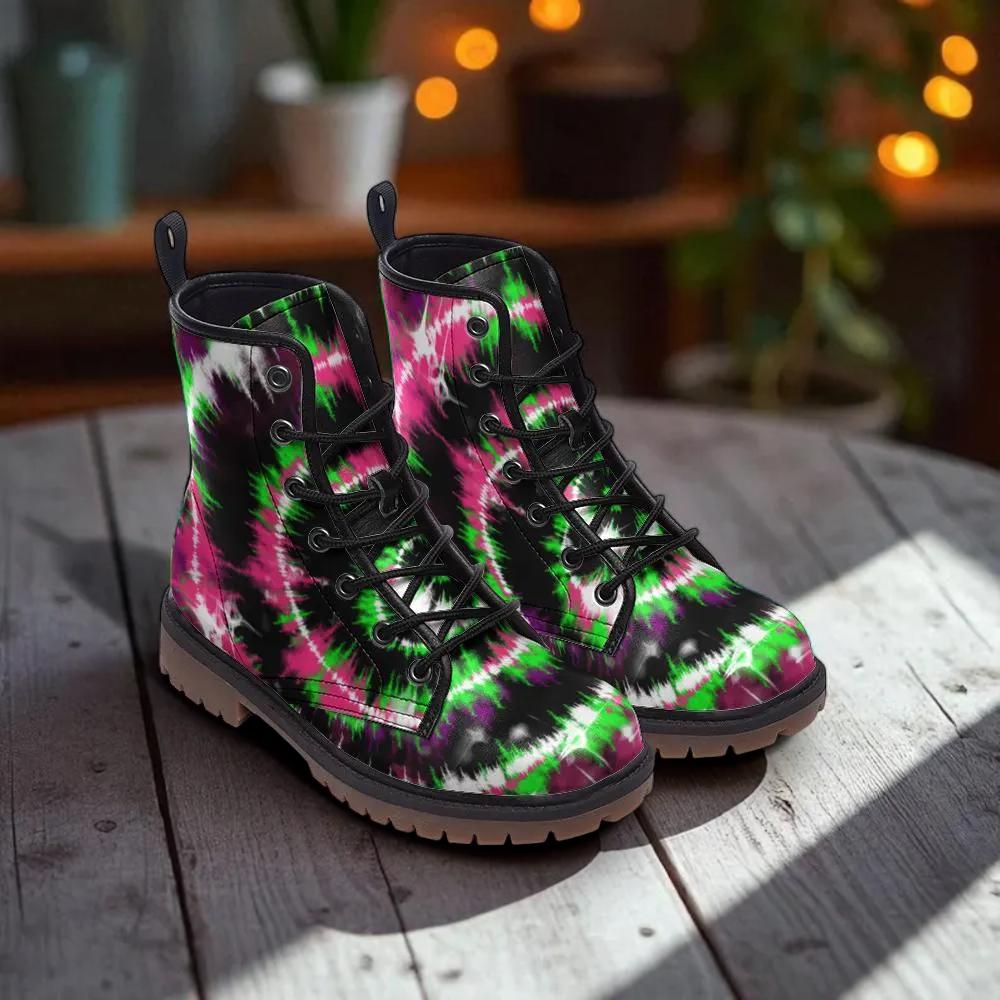 Tie Dye Combat Boots, Psychedelic Grunge Lace Up Shoes, Neon Rave Festival Footwear