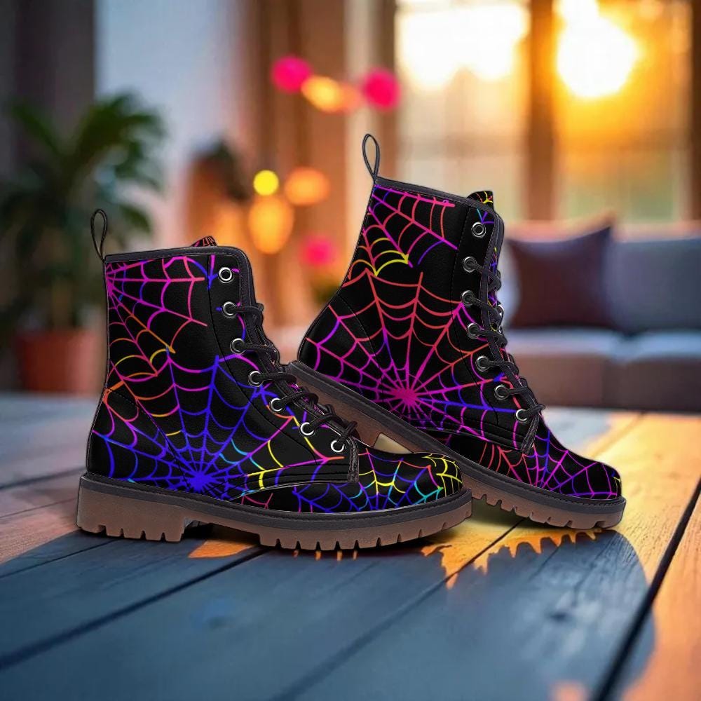 Spiderweb Combat Boots, Neon Halloween Lace Up Boots, Colorful Goth Festival Shoes