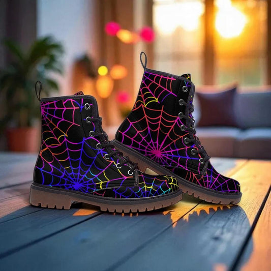 Spiderweb Combat Boots, Neon Halloween Lace Up Boots, Colorful Goth Festival Shoes