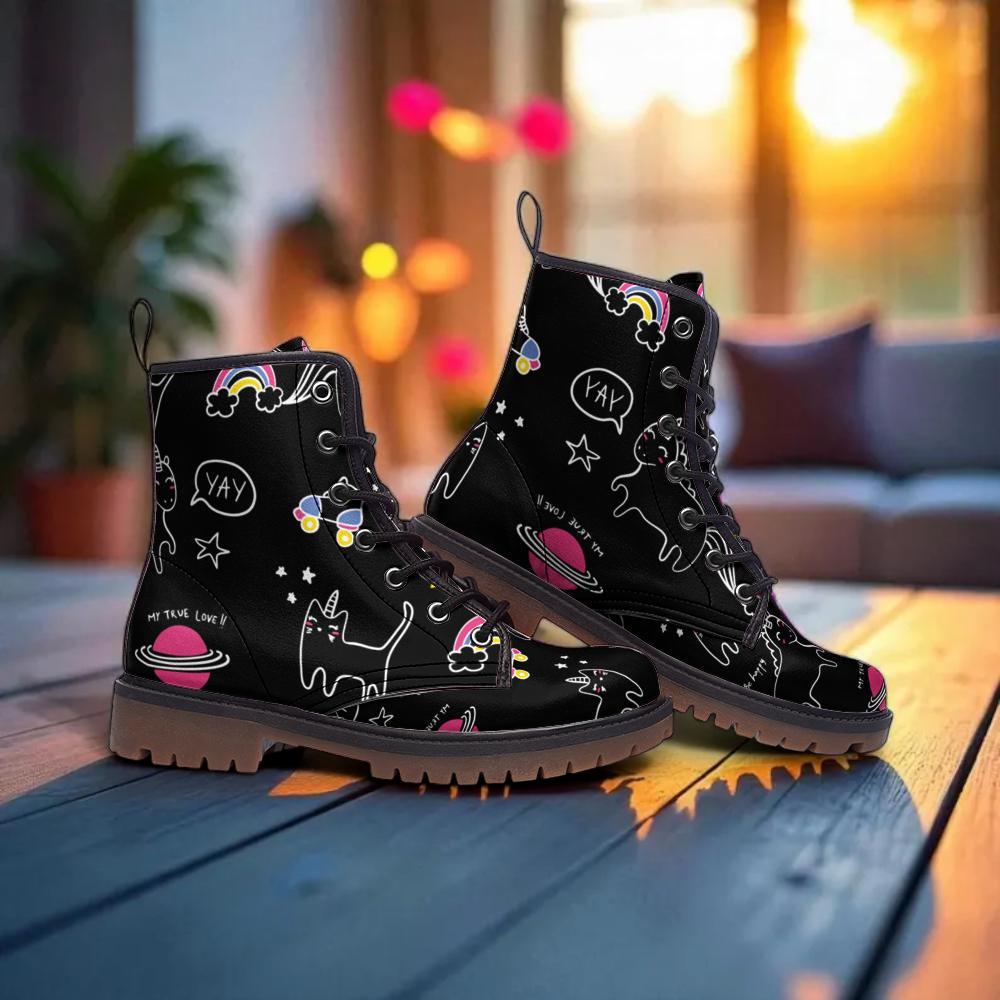 Cat Print Combat Boots, Whimsical Space Doodle Lace Ups, Cute Black Alt Boots