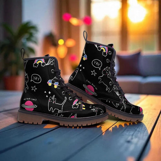Cat Print Combat Boots, Whimsical Space Doodle Lace Ups, Cute Black Alt Boots