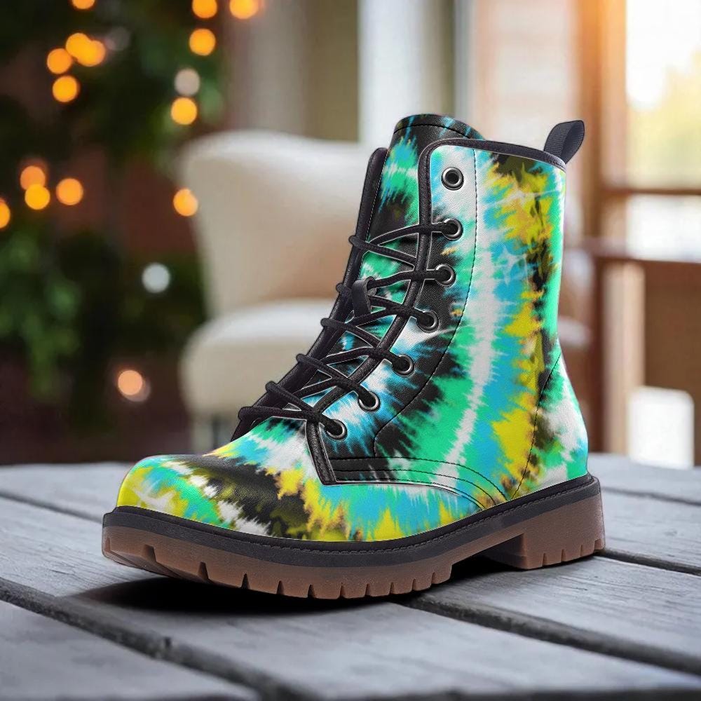 Psychedelic Ankle Boots, Green Aqua Spiral Lace Up Shoes for Retro Streetwear