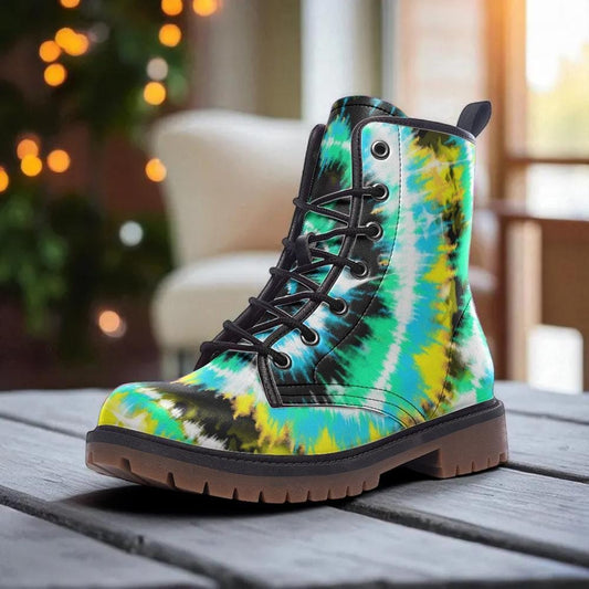 Psychedelic Ankle Boots, Green Aqua Spiral Lace Up Shoes for Retro Streetwear