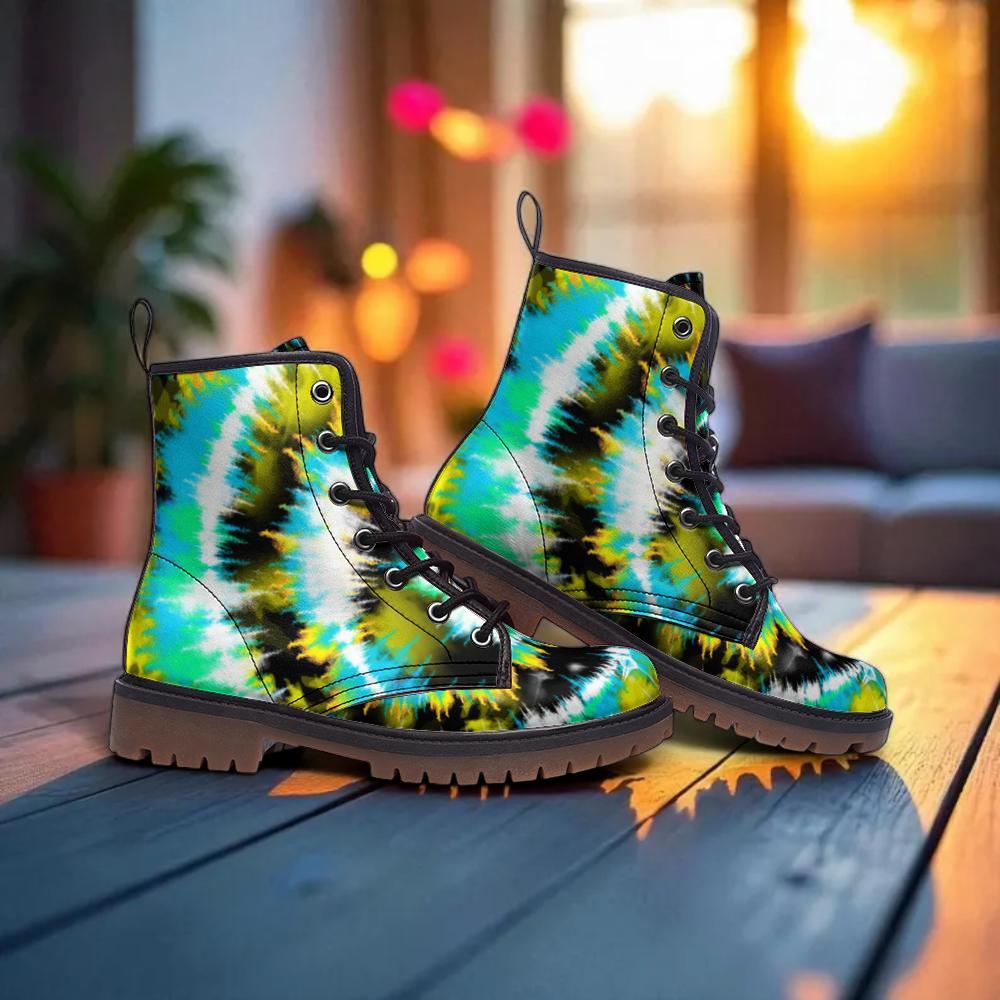 Psychedelic Ankle Boots, Green Aqua Spiral Lace Up Shoes for Retro Streetwear