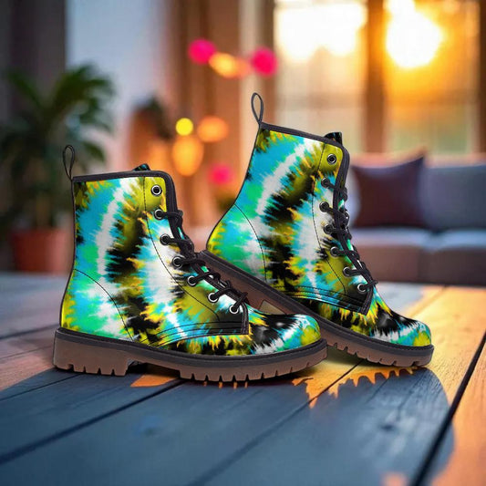 Psychedelic Ankle Boots, Green Aqua Spiral Lace Up Shoes for Retro Streetwear