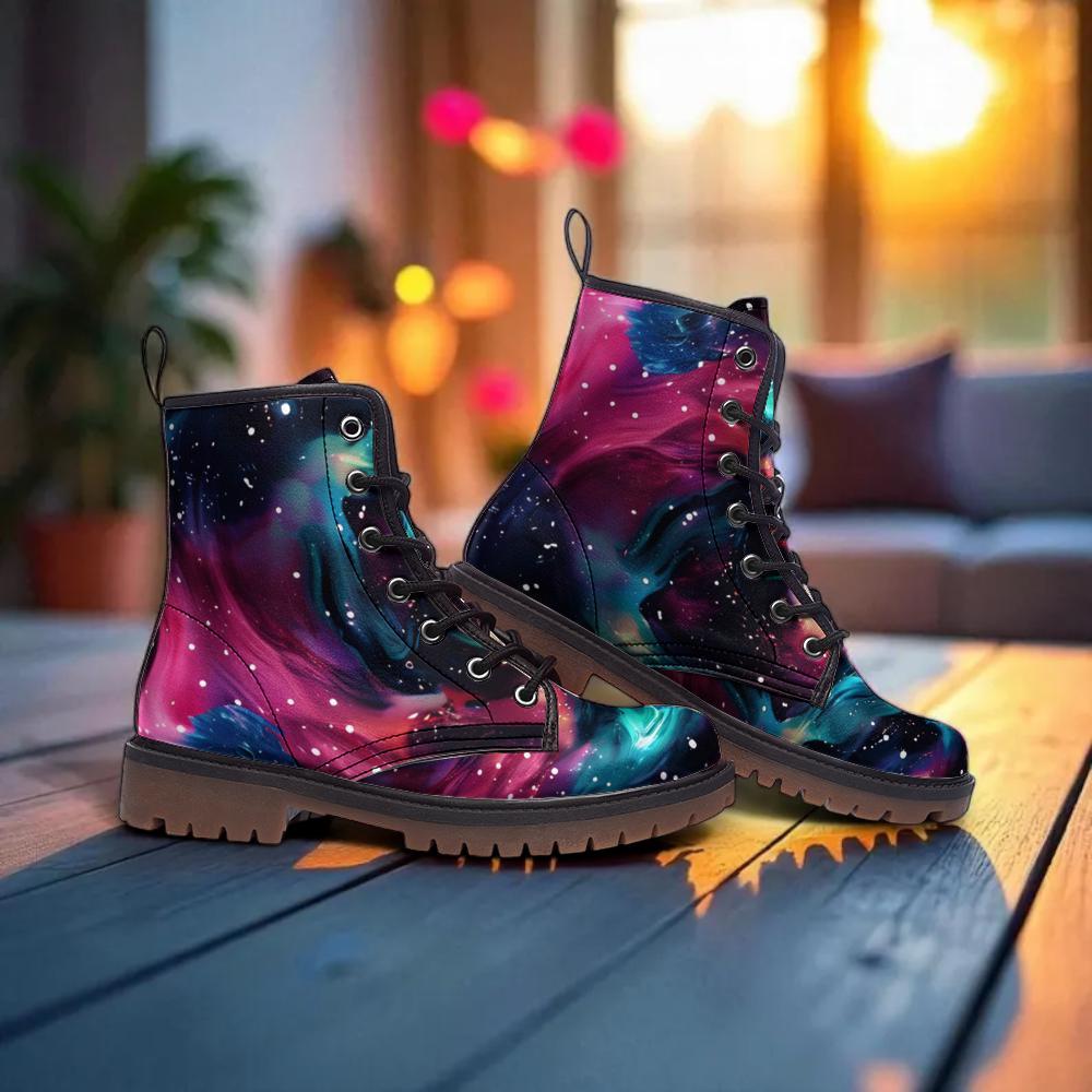 Galaxy Combat Boots, Nebula Lace Up Ankle Boots, Cosmic Space Grunge Festival Shoes