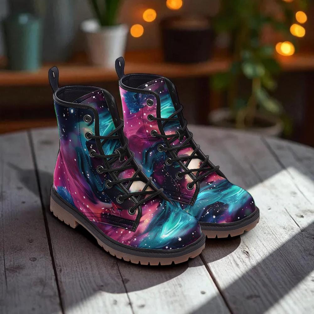 Galaxy Combat Boots, Nebula Lace Up Ankle Boots, Cosmic Space Grunge Festival Shoes