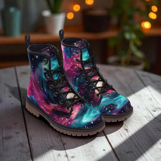 Galaxy Combat Boots, Nebula Lace Up Ankle Boots, Cosmic Space Grunge Festival Shoes