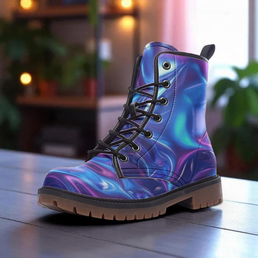 Holographic Combat Boots in Blue Purple Iridescent Finish for Rave Festival Outfits