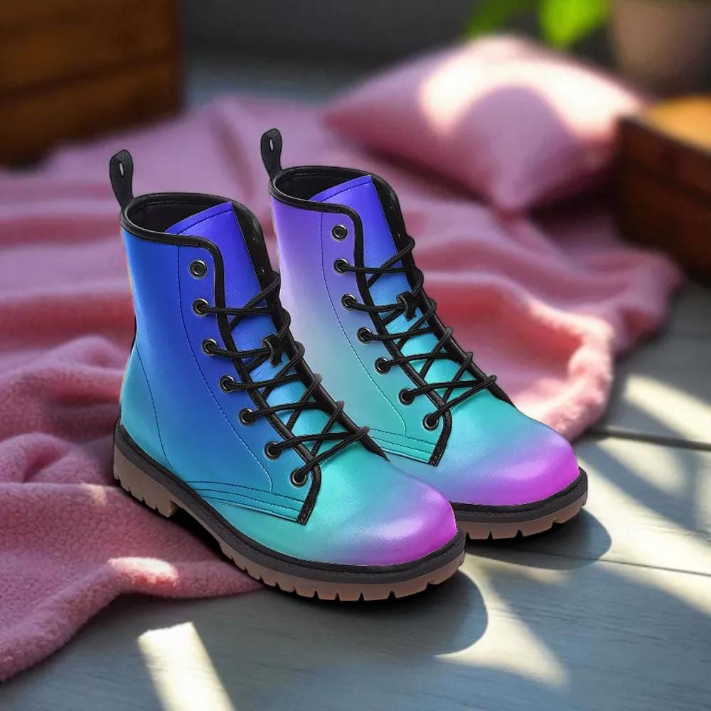 Pastel Goth Boots, Mermaid Ombre Lace Up Ankle Shoes, Kawaii Alt Fashion Footwear