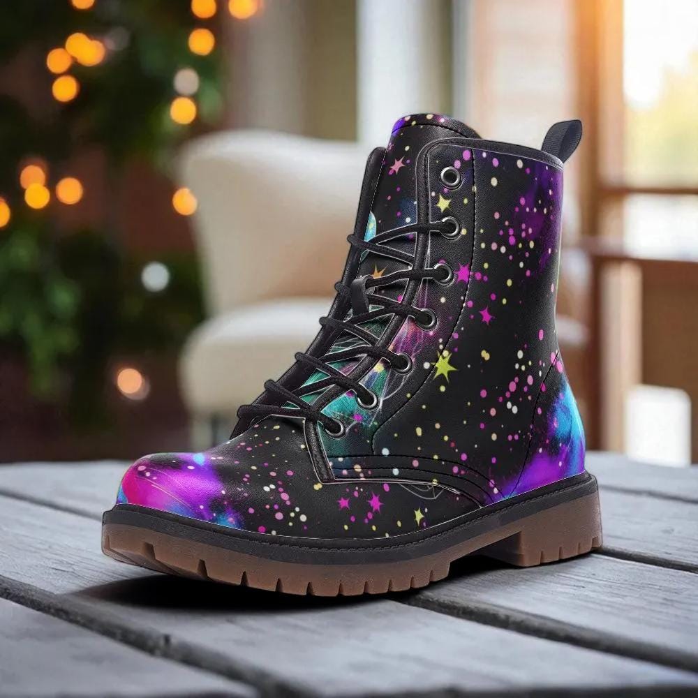 Galaxy Combat Boots, Neon Space Lace Up Shoes, Cosmic Grunge Festival Footwear