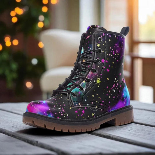 Galaxy Combat Boots, Neon Space Lace Up Shoes, Cosmic Grunge Festival Footwear