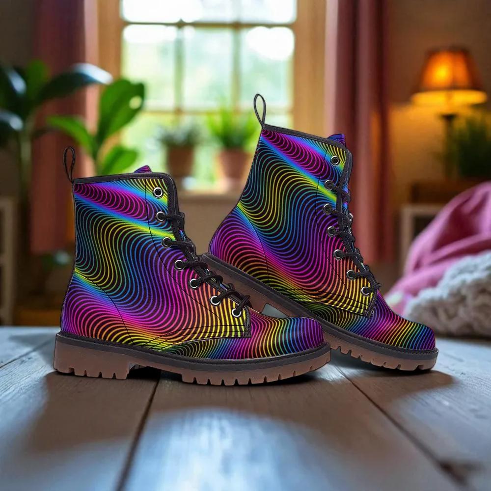 Psychedelic Combat Boots, Rainbow Wave Lace Up Shoes, Trippy Streetwear Footwear